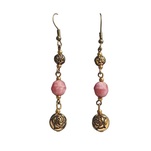 Rose Gold Tone Drop Earrings Pink Beaded Long Dangle Hook Lightweight Mom Gift - Picture 2 of 5